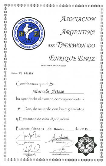 Diploma de 3er Dan otorgado por A.A.T.E.E.
